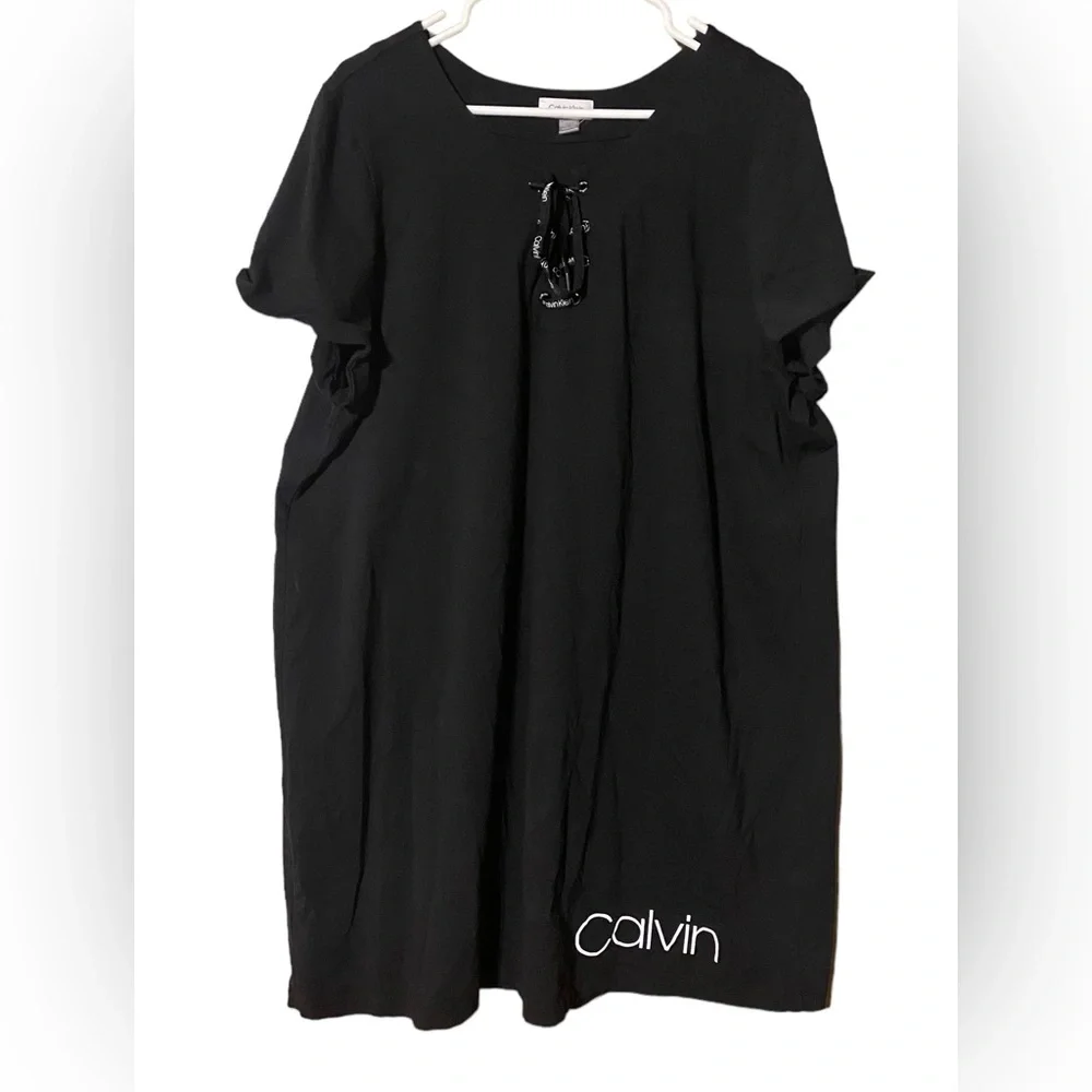 Calvin Klein T-Shirt Dress Women 1X Knee Length Short Sleeve Stretch Logo Comfy